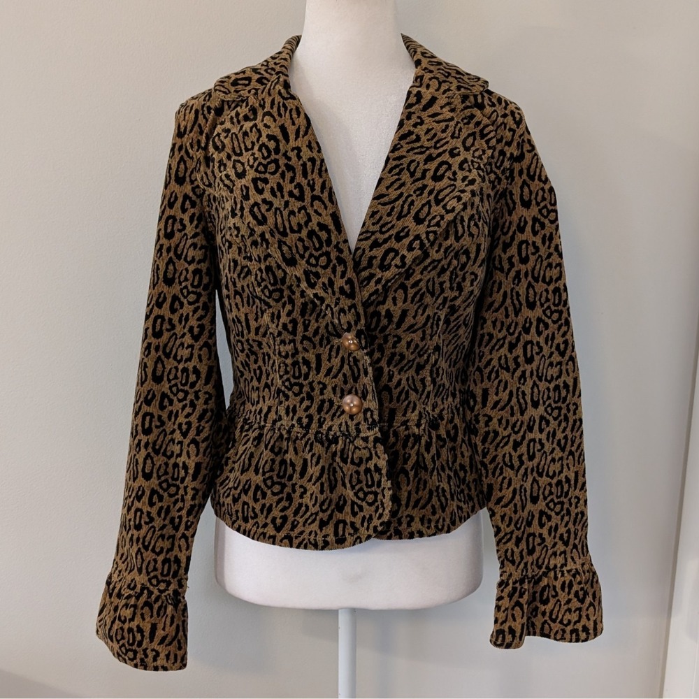 Kikit Womens Leopard Print Blazer MED Y2K Statement Micro Corduroy Ruffle Cuff‎